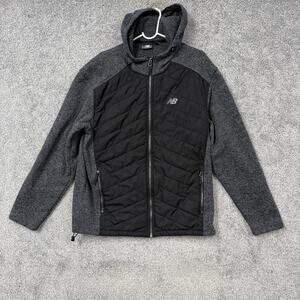 New Balance Jacket Mens Large Gray Black Hooded Fleece Full Zip Quilted Outdoor